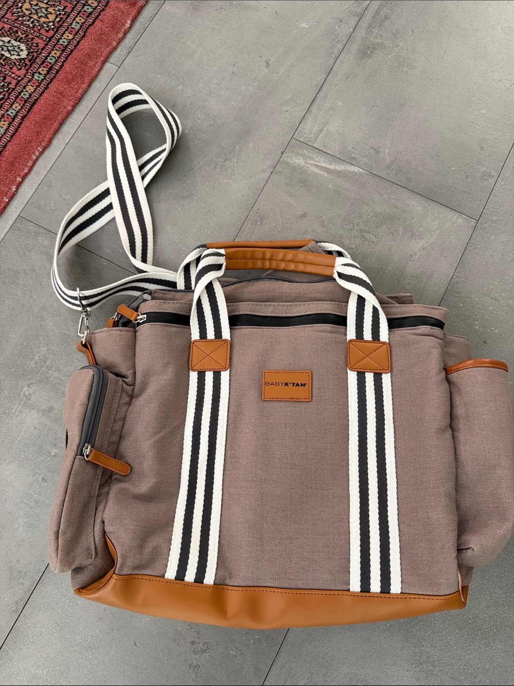 Striped Baby Diaper Canvas Tote Bag in Brown with Tan Trim by Baby KTan.